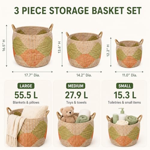 Set of 3 Handwoven Seagrass Storage Baskets with Handles, Decorative Round Wicker Basket Set for Blankets, Toys, Towels, Nursery, Living Room & Bedroom