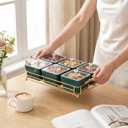 YA JU Ceramic Bowls and with Lid Gold Basket Trays, 6 Removable Small Bowls Condiment Trays Nut Serving Set for Snacks, Fruits, Candy and Condiments - Great for Parties, Holiday Gifts, Green - color: Green 6 Removable snack Bowls