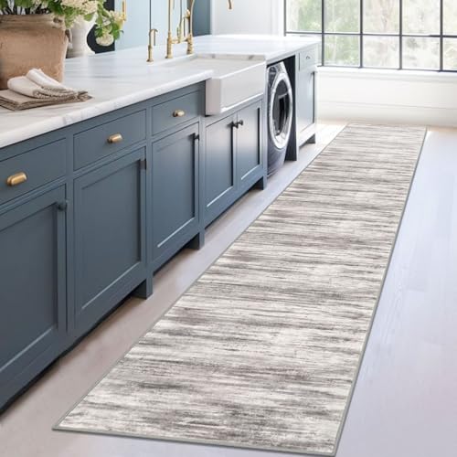KOZYFLY Modern Abstract Hallway Runner, 2x12 Washable Rug Runner Non-Slip Soft Striped Kitchen Runner Rug, Grey/Light Beige/Brown Print Carpet for Entryway Bathroom - color: Grey/Light Beige/Brown, size: 2' x 12' (Runner)