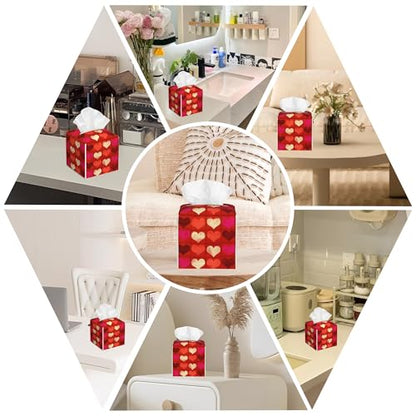 Leather Tissue Box Holder Red Pink Love Heart Tissue Box Cover Facial Paper Case Organizer Cube Napkin Dispenser for Bathroom Vanity Countertop Night Stand Office Car - color: Red Pink Love Heart