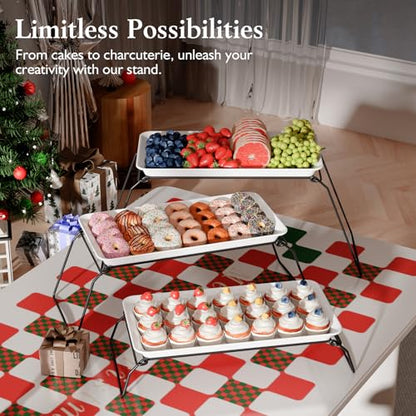 Bumusty Large 3-Tier Melamine Serving Tray Set, 17 x 8.7 in, Black Stand | Melamine Reusable Platters with Metal Display Stand for Cupcakes, Desserts, Fruit, Cookies, Parties, Birthdays and Holidays - color: Black, size: 17" x 8.7"
