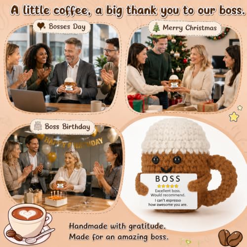 Xinezaa Mini Coffee Boss Gifts for Women Men from Employee Bosses Day | Gifts for Boss Lady Leader Manager Supervisor, Funny Handmade Crochet, Birthday Appreciation Christmas Office Desk Decor - style: Boss