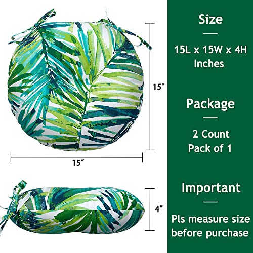 Magpie Fabrics 15" Round Bistro Seat Cushions with Ties, Set of 2, Waterproof All Weather Tufted 4" Thick Patio Chair Pads for Home Garden Dining Metal Stool - Green Palm Leaves - color: A Green Palm Leaves