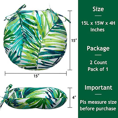 Magpie Fabrics 15" Round Bistro Seat Cushions with Ties, Set of 2, Waterproof All Weather Tufted 4" Thick Patio Chair Pads for Home Garden Dining Metal Stool - Green Palm Leaves - color: A Green Palm Leaves
