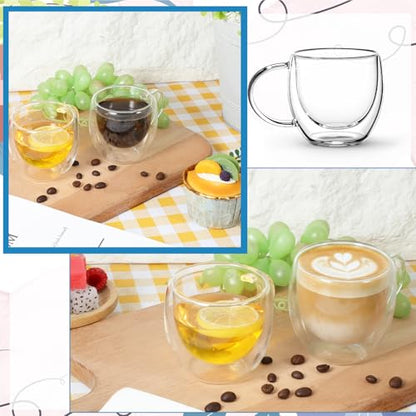 6 Pack 2.7oz Double Walled Glass Coffee Mugs with Handles, Clear Glass Coffee Mugs, Insulated Borosilicate Cups, Insulated Layer Coffees Cups for Cappuccino, Tea, Latte, Milk, Microwave Safe