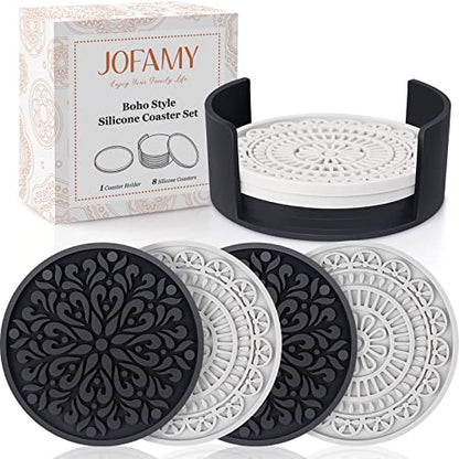 8 Pcs Boho Coasters for Drinks, Silicone Coasters with Holder, Boho Style Grooved Pattern, Tabletop Protection Coaster for Outdoor, Indoor, Coffee Table, Kitchen, Office, Bar, Heat Resistant | Boho Style Grooved Pattern, Tabletop Protection Coaster for Ou