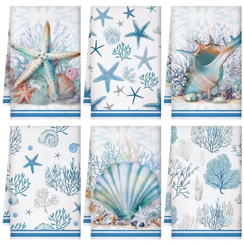 Boyiee 6 Pcs Beach Kitchen Towels Coastal Kitchen Decor | Absorbent Towels, Summer Ocean Housewarming Gift, Shell Starfish Decorative Accessories for Kitchen Bathroom, 24x16 Inches - color: Ocean