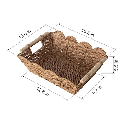 Scalloped Basket with Wooden Handle, Water Hyacinth/Seagrass/Wicker Storage Baskets, Hand Woven Baskets for Shelves,Natural Baskets for Organizing (2)