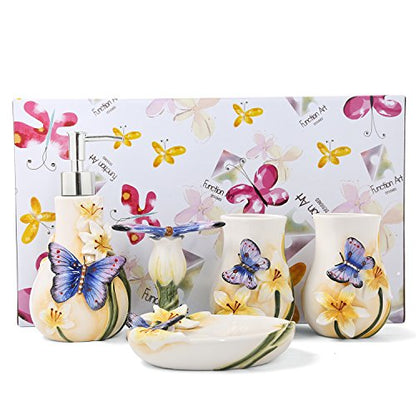 Ceramic Bathroom Accessory Set Dancing Butterfly Ceramic 5 Pieces Set,Including Toothbrush Holders,2 Gargle Tooth-Brushing Cups,Soap Dishes,Soap & Lotion Dispenser