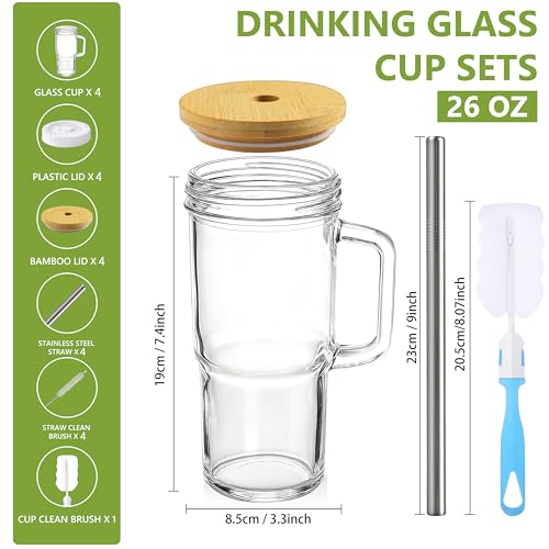 Birity Glass Cups with Lids and Straws,24oz Glass Tumbler With Handle,4 Pack Reusable Iced Coffee Cup with Lids-Mason Jar with Lid and Straw,Boba Cup for Cold & Hot Drinks,Smoothies Cup,Travel Mug - color: 24 oz 4-pack classic