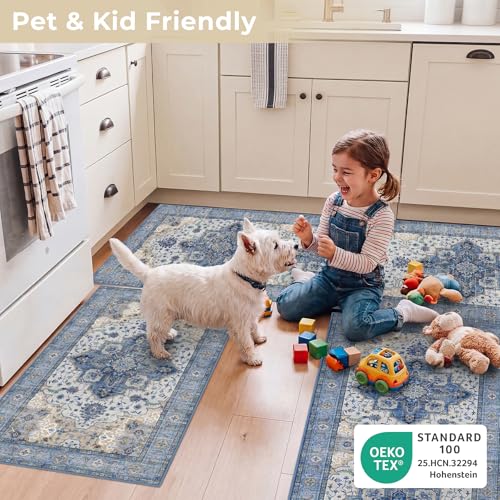 3 Piece Kitchen Rugs Sets with Runner, Washable Non Slip Soft Boho Kitchen Mats, Low Pile Stain Resistant Carpet for Hallway, Laundry Room, Entryway (20"x32"+20"x48"+20"x59", Blue Beige Cream) - color: Blue Beige Cream