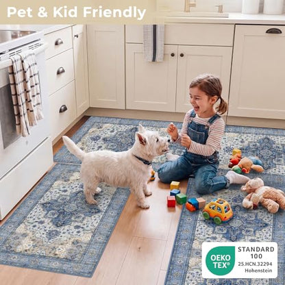 3 Piece Kitchen Rugs Sets with Runner, Washable Non Slip Soft Boho Kitchen Mats, Low Pile Stain Resistant Carpet for Hallway, Laundry Room, Entryway (20"x32"+20"x48"+20"x59", Blue Beige Cream) - color: Blue Beige Cream