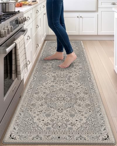 DEXI Kitchen Floor Mats Cushioned Anti Fatigue Runner 23x86 Beige Grey | Soft Comfort Memory Foam, Easy Care, Waterproof, Standing Padded Rug for Front Sink Laundry Office Farmhouse - color: Beige/Grey, size: 86"L x 23"W x 0.4"Th