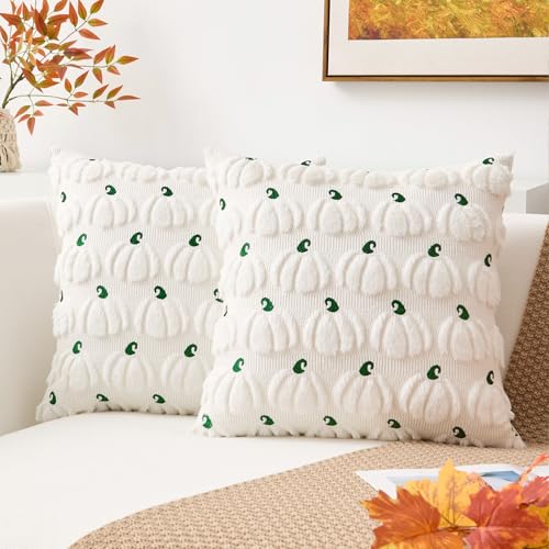Kevin Textile Fall Pumpkins Pillow Covers 16x16 Inch Set of 2 Autumn Embroidery Decorative Square Pillowcases Soft Faux Fur Cushions Harvest Gift for Couch Sofa Chair Bedroom Halloween, Cream White - color: Cream White Pumpkin, size: 16" x 16" (Pack of 2)