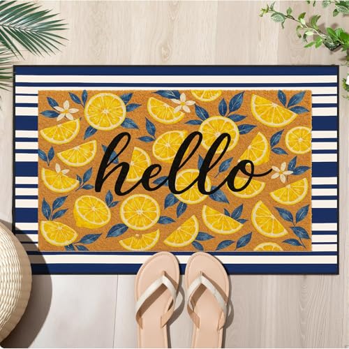 Timgle 2 Pcs Lemons Doormat Set 18" x 30" Hello Lemon Outdoor Rug and 24" x 35" Navy White Striped Area Rug Italian Non-Slip Welcome Front Door Mat for Summer Indoor Outdoor Porch Entryway Decor - style: Lemon