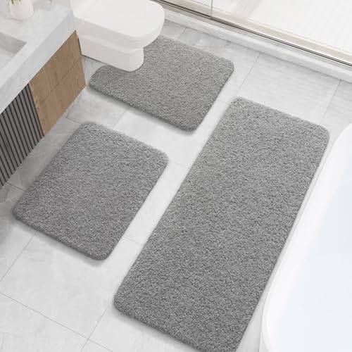 LOCHAS Bathroom Rugs Sets 3 Piece, Long Bath Mat Set Non Slip, Grey | Washable Absorbent Toilet Rug, Shaggy Soft Cozy Quick Dry - color: Grey, size: 48" x 20" + 24" x 17" + U Shape 24" x 20"