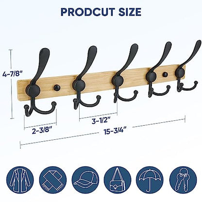 TICONN Wall Mounted Coat Rack, Five Heavy Duty Tri Hooks All Metal Construction for Jacket Coat Hat in Mudroom Entryway (Wood Black, 2-Pack) - color: Wood Black