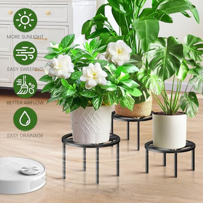 TOSKING 3-Pack Fully Assembled Heavy Duty Low Metal Plant Stand for Indoor & Outdoor – Original Geometric Flower Pot Holder for Heavy Potted Plant, Rustproof Iron Riser with Adjustable Feet, 200 LBS & 150 LBS, No Installation, Black (10.24" & 8.66" Dia) -