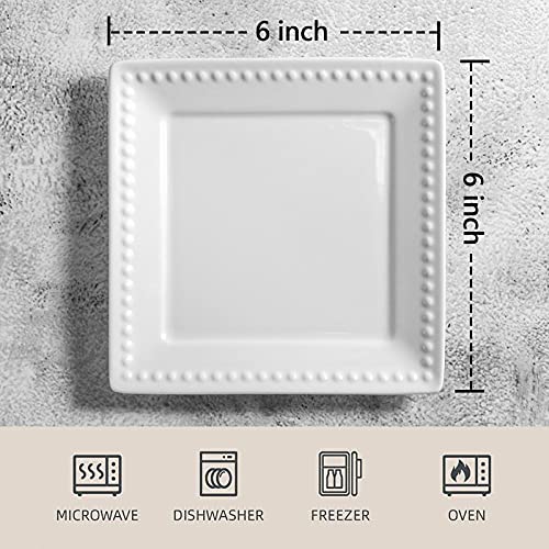 Embossed Ceramic Appetizer & Dessert Plates - Set of 6, 6 inch White Square Dinner Plates for Snack & Restaurant, Dishwasher & Microwave Safe - color: 6 inch-White- Dot-6pcs