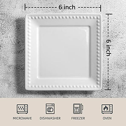 Embossed Ceramic Appetizer & Dessert Plates - Set of 6, 6 inch White Square Dinner Plates for Snack & Restaurant, Dishwasher & Microwave Safe - color: 6 inch-White- Dot-6pcs