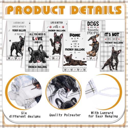 Redbaker 6 Pcs Funny French Bulldog Kitchen Towels | Cute French Bulldog Dish Towel, Dog White and Black Hand Dishcloth with Hanging Loop for Dog Owners Lover Housewarming Gift - style: French Bulldog