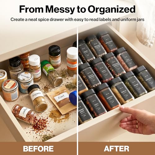 Square Glass Spice Jars with Label and Black Rotating Lids (24 x 4oz) Spice Containers with 240 Labels, Shaker Inserts, Silicone Funnel, Empty Square Empty Square Seasoning Organizer