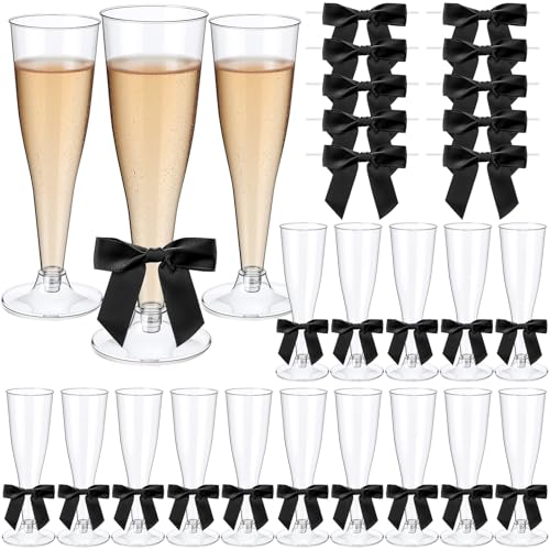 Zopeal 100 Pcs Plastic Champagne Flute Glasses and Bow Set 4.5 oz Gold Glitter Wedding Toasting Goblet 50 Pcs 3.5" Bow Reusable Unbreakable Stemware for Valentine Birthday Party - color: Black, style: Classic