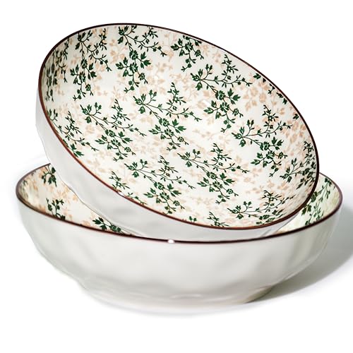 Large Serving Bowls, 78Oz Extra Large Salad Bowls Set of 2, Green Floral Pattern Design Decorative Bowls for Salad, Fruit, Pasta and Dinner, Serving Dishes Set for Party (Green Floral of 2) - color: Green Floral of 2