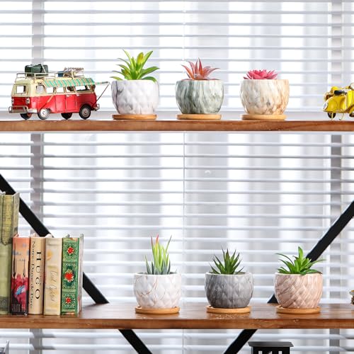 Marbling Ceramic Flower Pot 3.35 Inch Succulent Small Plant Cactus Herbs Planter Ceramic Pot with Drainage Hole Matte Round Container(6 Pcs,Elegance Style) - style: Elegance Style
