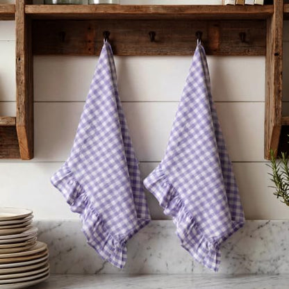 HunnmingRe Purple Kitchen Towels Set of 2, 100% Cotton Ruffled Gingham Dish Towels 18"x28" Absorbent Tea Cloths Classic Plaid Pattern for Farmhouse Charm, Drying Dishes, Entertaining Guests - color: Purple, style: Gingham