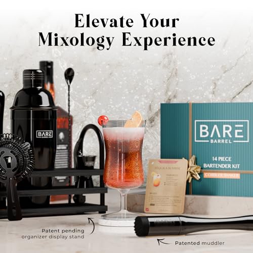BARE BARREL® Mixology Bartender Kit Bar Set | 14-Piece Cocktail Shaker Set | Martini Barware Mixing Tools for Home Bartending | 35 Recipe Cards | Gift Set (24oz Cobbler Shaker, Jet Black/Black) - color: Jet Black/Black