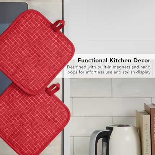 KITCHENAID Gourmet Series Gridlines Pot Holders 2-Pack Set, Heat Resistant up to 600°F, Soft Silicone Grip, Magnetic Cuff, Passion Red, 8"x8" - color: Passion Red