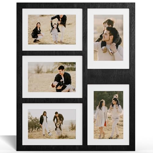 YESKAY 4x6 or 5x7 Picture Frames, Black Rustic Wooden Frame with Real Glass, Displays Pictures Five 4x6 with Mat or 5Pcs 5x7 without Mat for Wall Mounting, Photo Collage Frame - color: Rustic Black, size: 5x7 - 5 Opening(OD:13.2X16.4in)
