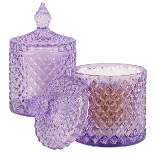 rejomiik 2 Pack Qtip Holder Apothecary Jars with Lid, Thick Glass, Purple | Bathroom Canisters Storage Organizer for Cotton Swabs, Balls, Pads, Floss Picks, Candy, Jewelry, Bathroom Decor - color: Purple, size: 10 oz (2 pack)