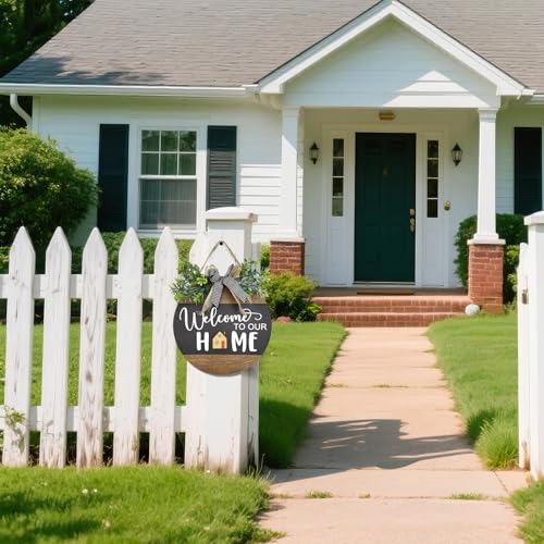 Interchangeable Seasonal Round Wood WELCOME TO OUR HOME Sign for Front Door,Rustic Hanging Wood Wreaths Sign,Farmhouse Porch Fence Welcome Wreaths Decorations.(12inch)