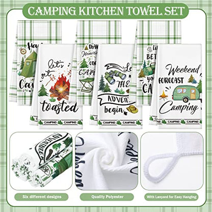 Redbaker 6 Pcs Camping Kitchen Towels with Hanging Loop | Happy Camper Themed Decor for RV Accessories, Bonfire Tent Car Designs, Absorbent Hand Towels for Outdoor Camping Gifts - style: Camping