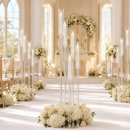 2pcs 5-Arm Acrylic Candelabra Centerpieces for Tables, Sturdy Solid Rods 45.7" Tall Floor Candle Holders Set for Wedding Birthday Party Home Decor, Fits 0.8" LED Taper Candles, Clear