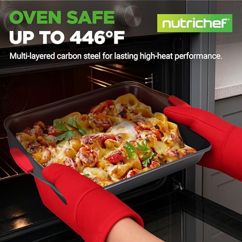 NutriChef Non-Stick Kitchen Oven Baking Pans-Deluxe & Stylish Nonstick Gray Coating Inside Outside, Commercial Grade Restaurant Quality Metal Bakeware with Red Silicone Handles NCSBS8S, 8 Piece Set - size: 8-Piece Set