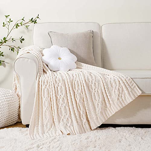 Battilo Cream White Ivory Throw Blanket for Couch, 51x 67 Inch, Woven Chenille Knit Throw Blanket for Chair, Super Soft Warm Decorative Textured Throw Blanket for Bed, Sofa and Living Room. | White Throw Blanket, Ivory Knit Blanket, Soft Woven Chenille Kn