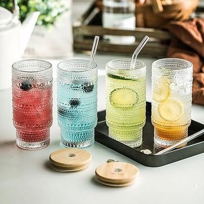 KEMORELA Set of 6 Hobnail Drinking Glasses with Cool Glassware Lid and Straw, 16oz XL Highball Bubble Cocktail, Old Fashioned Beverage Glasses, Romantic Water Glasses for Juice - color: 6PCS-16 Oz With Lid