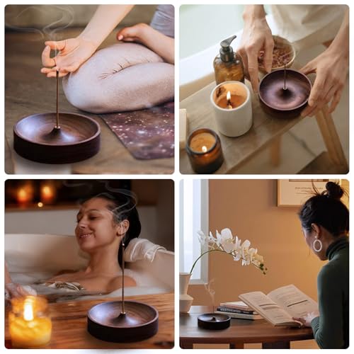 Incense Holder,Black Walnut Hand - Crafted Round Burner for Sticks with Ash Catcher,Perfect for Relaxation at Home, Yoga,Spa & as a Gift(3.5 * 3.5in) (1)