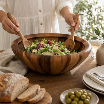 Arthur Court Acacia Wood Salad Bowl - Modern Wavy Design for Fruits and Salads - 6" Tall, 16" Diameter - size: Salinas
