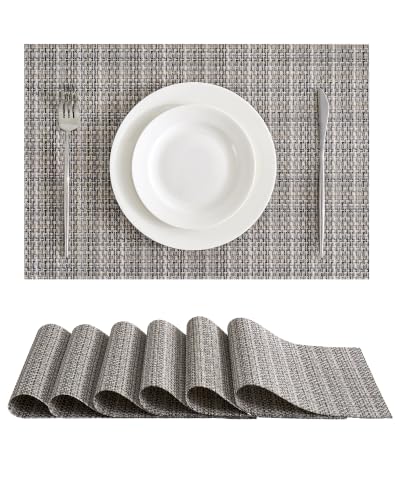 Leetaltree Woven Vinyl Placemats Set of 6, Beige Gray | High Density, Basketweave Woven, Stain Resistant, Easy to Clean, Washable Table Mats for Indoor Dining and Outdoor Patio - color: 00- Beige Gray, size: Set of 6