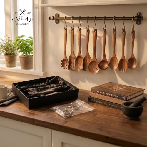 Zulay Kitchen 9-Piece Teak Wooden Utensils for Cooking - Natural Teak Utensil Set with Premium Gift Box - Non-Stick Wooden Spoons for Cooking - Kitchen Gift Set - Comfortable Grip Wooden Utensil Set - size: 9 Piece | Gift Box