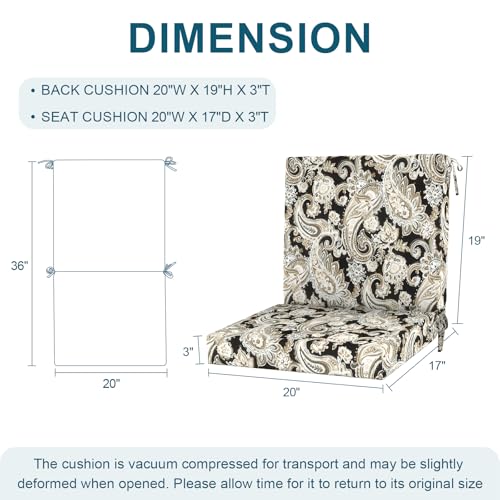 DYTXIII Outdoor Midback Chair Cushions Set of 2-20"x17" Water Repellent & Fade-Resistant Patio Seat Cushions with High-Resiliency Foam, Non-Slip Ties for Dining, Balcony Furniture-Paisley Black - color: Paisley Black
