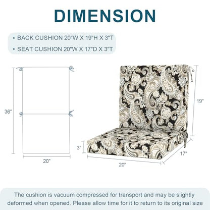 DYTXIII Outdoor Midback Chair Cushions Set of 2-20"x17" Water Repellent & Fade-Resistant Patio Seat Cushions with High-Resiliency Foam, Non-Slip Ties for Dining, Balcony Furniture-Paisley Black - color: Paisley Black