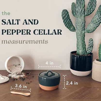 Mora Ceramic Salt and Pepper Cellar Set with Lid - 10 oz Modern Canister/Container/Bowl for Storage, Sea Salt, Spice, Sugar, Countertop - Small Dish/Jar with Wood Spoon, Black & White Crock - color: Charcoal & White