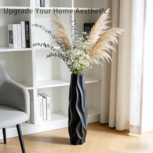 Black Tall Ceramic Floor Vase, 24 Inch, Pleated Wave Design | Matte Finish, Living Room, Fireplace, Entryway, Pampas Grass - size: 24 Inch