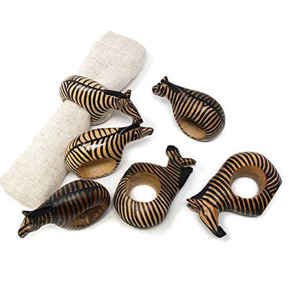 KWF012 Z - Handcarved Mahogany Napkin Ring Holders - Zebra Set of 6 - color: Zebra