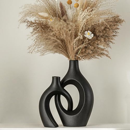 Lvases Snuggle Hollow Ceramic Vase Set of 2 for Boho Nordic Modern Decor | Mid Century Decorative Vases for Home Decor House Book Shelf Office Coffee Dining Fireplace ( Matte Black W 6.8" X H 11" ) - color: Extra Large Matte Black